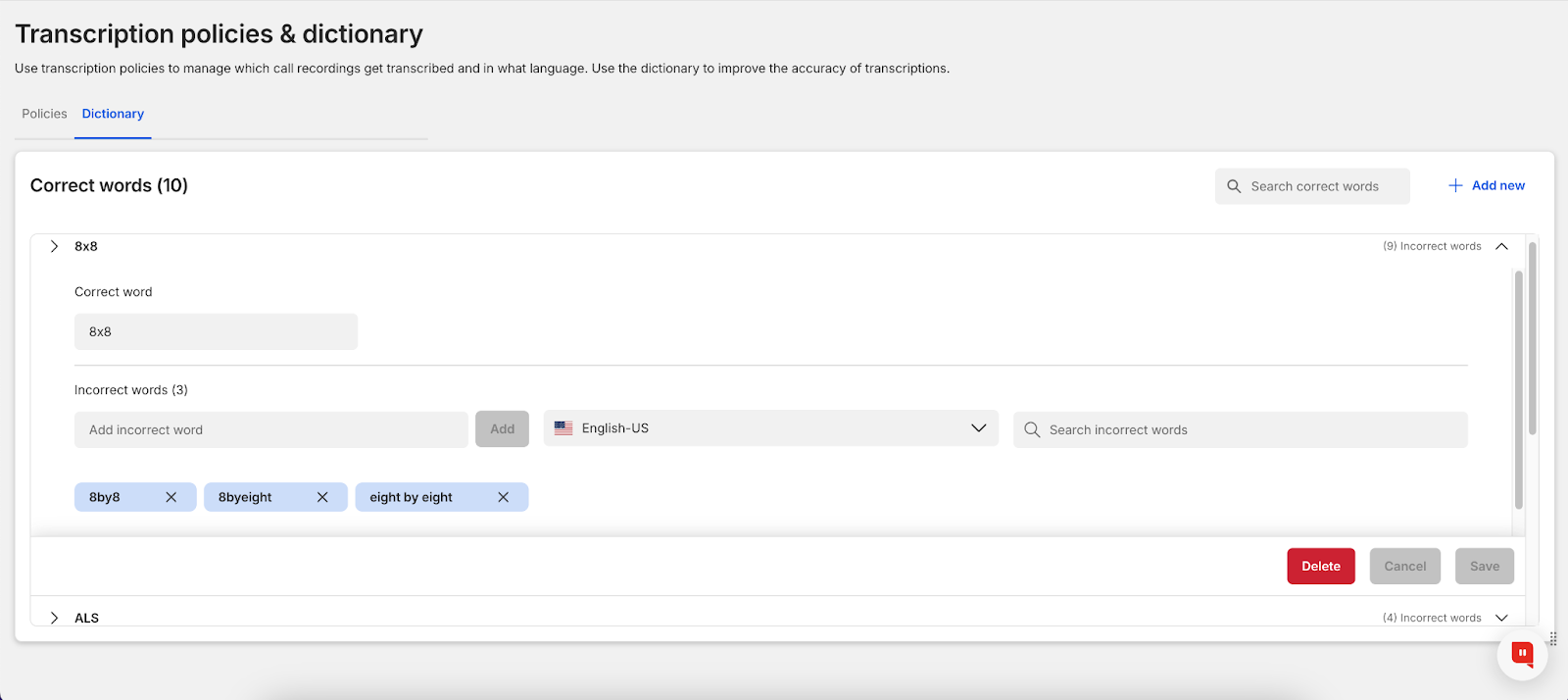 Screenshot image of Custom Dictionary in Admin Console